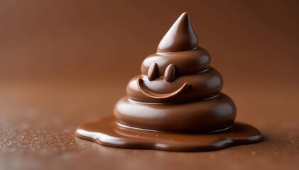 Chocolate bar shaped like a laughing poop emoji, melting slightly , wacky, emoji, humor