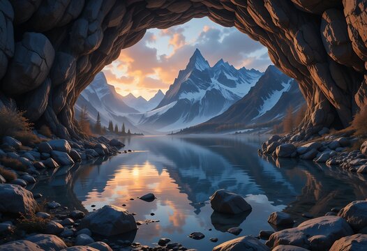 Breathtaking view of snow-covered mountains reflected in tranquil lake through rocky cave opening at sunset