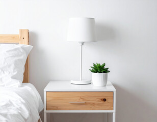 Scandinavian style bedroom interior with  natural wooden bedside table, white  lamp, green plant and minimal neutral bedding