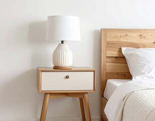 Scandinavian style bedroom interior with wooden and white bedside table, white ceramic lamp and minimal neutral bedding