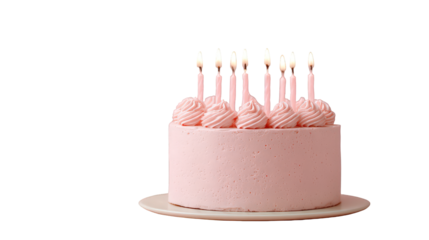A pink cake with lit candles on a plate isolated on transparent background.png white backgroundparent background