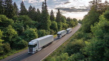 Three white semi-trucks drive down a highway, surrounded by lush green trees under a partly cloudy sky, showcasing efficient logistics and transportation. : Generative AI
