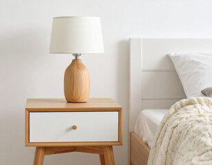 Scandinavian style bedroom interior with wooden bedside table, natural wooden lamp and minimal neutral bedding