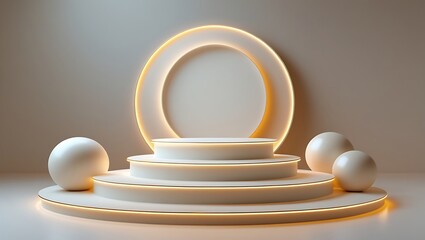 Elegant 3d rendered product display platform with white spheres and warm lighting