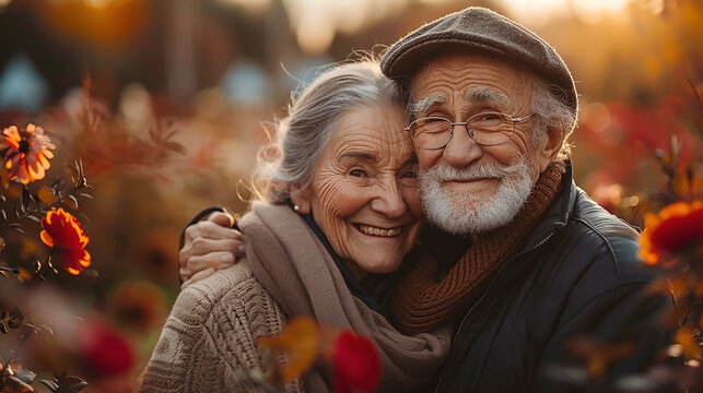 Elderly couple enjoying a video call at a garden birthday celebration. Laughing, smiling, and making memories outdoors. Perfect for family, lifestyle, and joyful moments.


