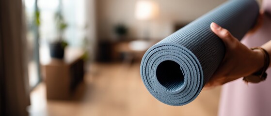 Adult woman holding rolled blue yoga mat indoors in a modern home Concept of healthy lifestyle, fitness, exercise, and wellness