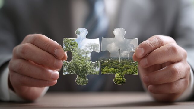 Homme d'affaire tenant deux morceaux de puzzle, &eacute;cologie en entreprise, pour une politique respectueuse de l'environnement, vers la transition &eacute;nerg&eacute;tique
