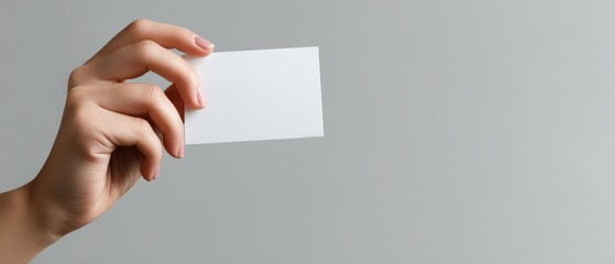 Obraz premium Caucasian womans hand holding blank white business card against gray background Mockup template for design, branding and contact information