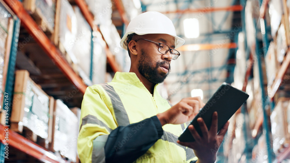 Poster distribution, below and man with tablet in warehouse, quality assurance and inventory management. di