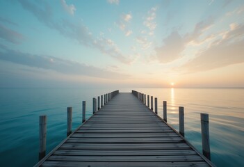 Fototapeta premium Serene wooden pier extending into calm ocean waters under a pastel sunset sky