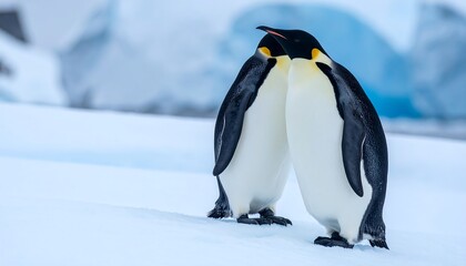 Obraz premium Antarctic Love Emperor Penguins cuddle on ice.