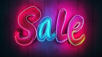 A bright, neon sign with the word "Sale" written in colorful, glowing letters. background is dark, which makes vibrant pink, blue hues of the text stand out prominently, creating eye-catching effect.