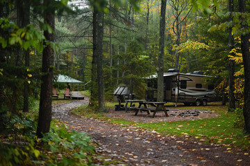 Holiday trip on large family motorhome for holiday in beautiful natural nature, abstract vivid composition consists of fictional unreal fantastic vision on background