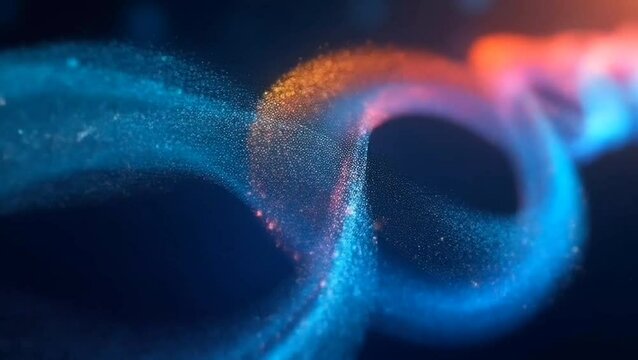 Glowing blue and orange light particles forming a dynamic infinity shape with smooth curves and soft motion against a dark digital background. Abstract design concept
