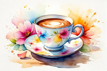 Fototapeta premium Floral coffee cup with latte art surrounded by colorful watercolor flowers