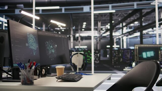 Data center PCs showing neural network visualization and code debugging tools running. Computer systems in server farm powering machine learning and automated research tasks