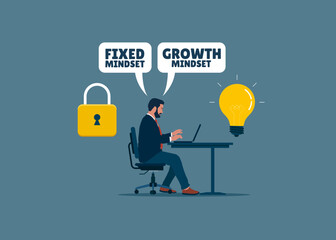 Software engineer in the middle of two thoughts. Comparison between fixed mindset vs growth mindset. Modern flat vector illustration.