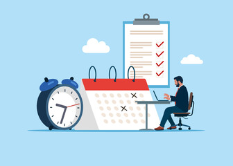 Software engineer with Self discipline to complete work or achieve business target, businessman balancing clock and calendar on completed task paper. Flat vector illustration