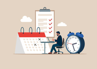 Software engineer with Self discipline to complete work or achieve business target, time management to increase productivity concept, businessman balancing clock and calendar on completed task paper