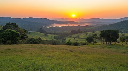 Obraz premium Serene sunrise over misty valley, grasslands, and rolling hills