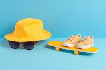 Fashionable yellow hat, sunglasses, and shoes on a skateboard with a blue background.
