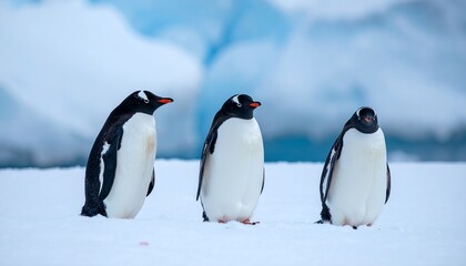 Obraz premium Antarctic Penguins Trio on Iceberg with Majestic Wildlife.