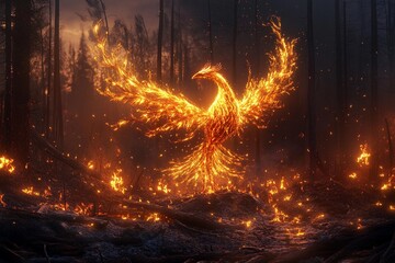 Glowing phoenix made of vibrant plants rises majestically from the ashes in a mystical, enchanted forest setting at sunrise