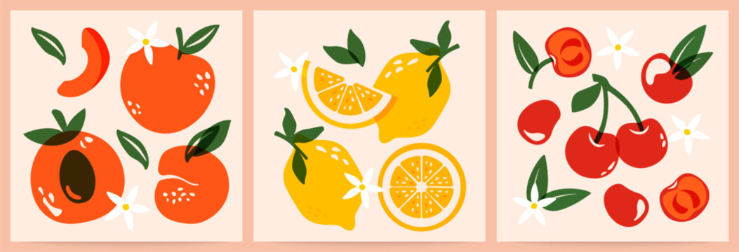 Naklejki Abstract fruit banners. Modern minimalistic fruits, organic food posters with hand drawn lemons, peach apricot and cherry fruits and berries for art prints. Vector contemporary set