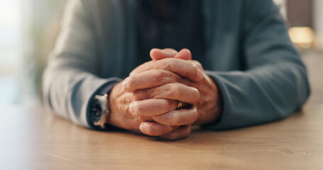Fototapeta premium Hands, prayer and senior person with faith in house, religion and connection with holy spirit in retirement. Belief, worship and Christianity with praise, God and peace in morning at nursing home