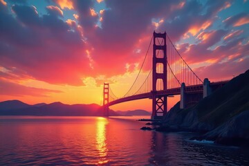 Obraz premium Majestic bridge tower against a vibrant sunset sky , high, sunset, steel