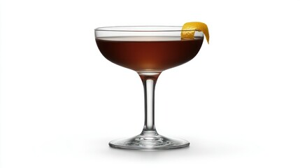 Dark cocktail in a coupe glass garnished with lemon peel