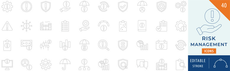 Risk Management icon collection set. Containing asset, management, regulation, strategic planning, consultations, and more. Editable stroke. 