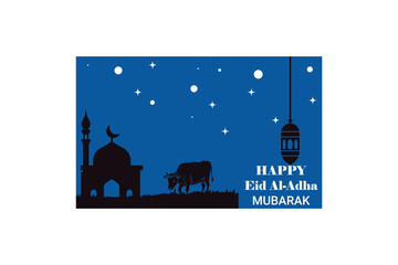 Eid al-Adha Night Scene Greeting with Mosque, Cows, and Lantern