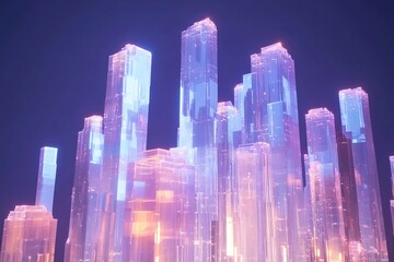 Fototapeta premium Holographic cityscape featuring towering glass skyscrapers illuminated in a futuristic urban setting