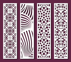 Set of rectangular panels. Vertical grilles, screens, interior decoration with abstract, geometric, plant patterns. Template for plotter laser cutting of paper, wood carving, metal engraving, cnc.