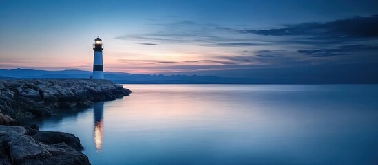 A lighthouse stands on a rocky coast at twilight near the sea