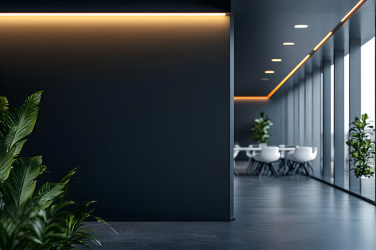 Blank dark wall mockup in modern office interior with blurred meeting room and white chairs in background with copyspace for branding or signage.