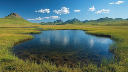 Fototapeta premium Wide open grassland stretching toward a calm pond with distant mountains under a clear sky