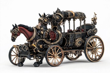Fototapeta premium Intricate steampunk horse-drawn carriage showcasing unique mechanical design and vintage aesthetics in a dimly lit environment