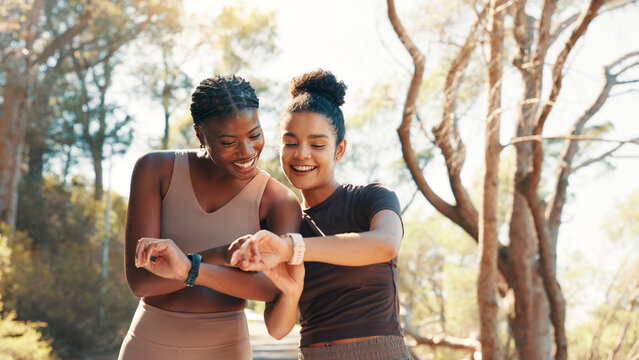 Running, smart watch and check with friends in nature for lap time, workout partner or health stats. Stopwatch, exercise app and monitor with women outdoor for performance tracking and fitness record