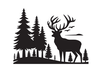 Deer with Pine Trees and Forest Silhouette Black Vector White Background Illustration
