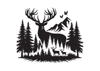 Deer with Pine Trees and Forest Silhouette Black Vector White Background Illustration