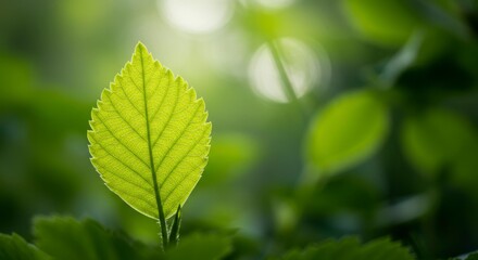 Fototapeta premium A vibrant, translucent green leaf stands out against a backdrop of blurry green foliage and sunlight