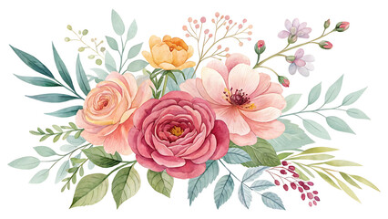 Elegant Watercolor Floral Bouquet Painting with Peach Pink and Yellow Roses and Greenery