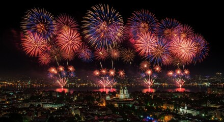 Vibrant fireworks illuminate the night sky over a city, creating a spectacular display with colorful bursts