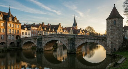 Obraz premium Serene sunset view of a historic stone bridge spanning a calm river, reflecting the charming medieval architecture of the town