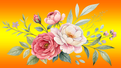 Watercolor Painting of a Beautiful Floral Bouquet with Pink and White Roses and Delicate Greenery Against a Vibrant Orange Gradient Background