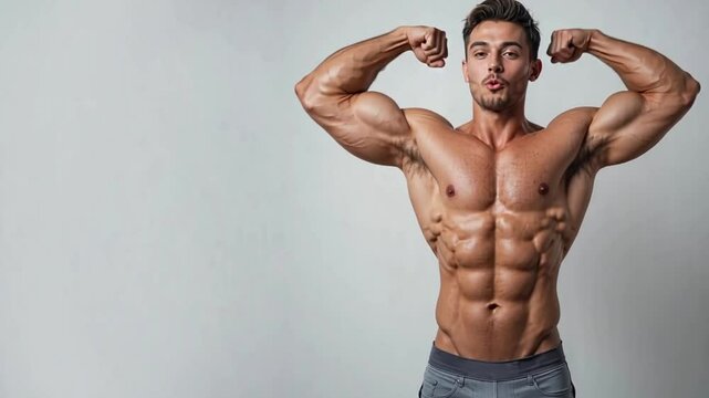 Fitness or bodybuilder male model posing flexing and muscle portrait in studio health for fitness goal