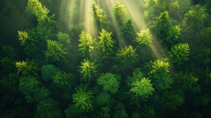 Obraz premium Verdant forest canopy, sunlight beams