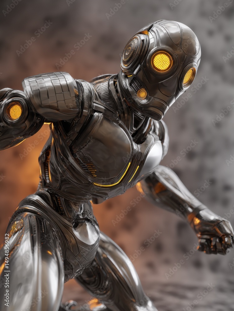 Poster Metallic Robot with Glowing Eyes in Dynamic Pose, Showcasing Artificial Intelligence and Technological Advancement : Generative AI
